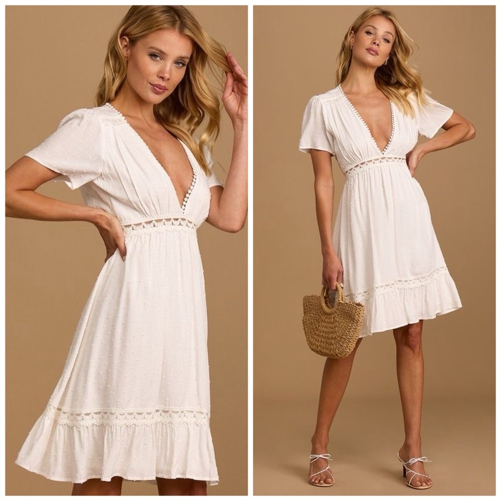 Lulu's "Sweet Memories" White Swiss Dot Embroidered Mini Dress - S